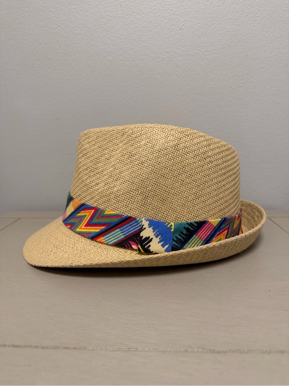 Forever 21 Straw Panama Fedora Hat S/M Tan Aztec Tribal Colorful Band Beach